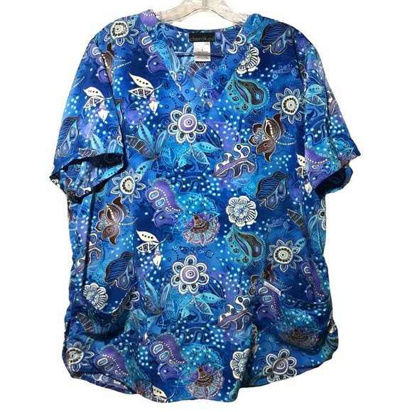 Cherokee Tops - Cherokee Scrub Top Womens Blue Jungle Floral Print Nursing Work Top L Polyester